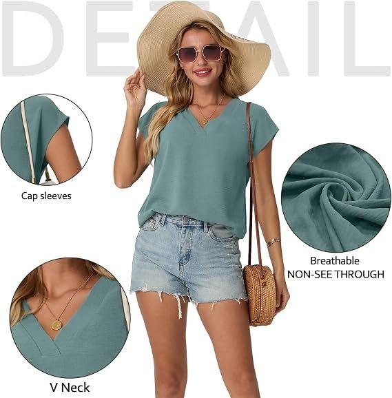 Green V-Neck Cap Sleeve Blouse image 2